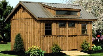 10x14 Manor Delight, optional bronze metal roof, mushroom stain, transom in doors, gable vents