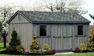 10x16 A-Frame, charcoal gray shingles, gray stain, gable vents
