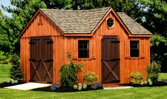 12x14 Dormer, Weatherwood shingles, optional rustic cedar stain, brown painted doors, angled double