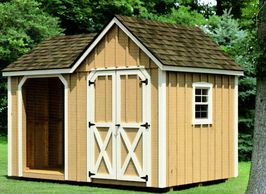 8x12 Wood Shed, Weatherwood shingles, optional tan paint, white trim