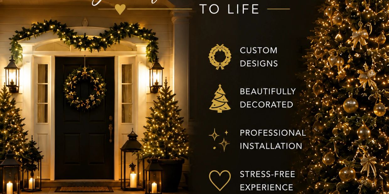 Elegant Christmas decorations with custom designs and professional installation.