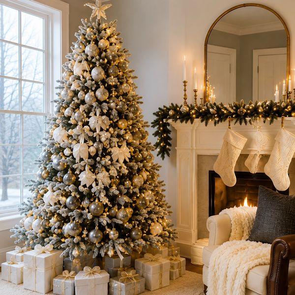 Elegant Christmas tree with gold and white decorations.