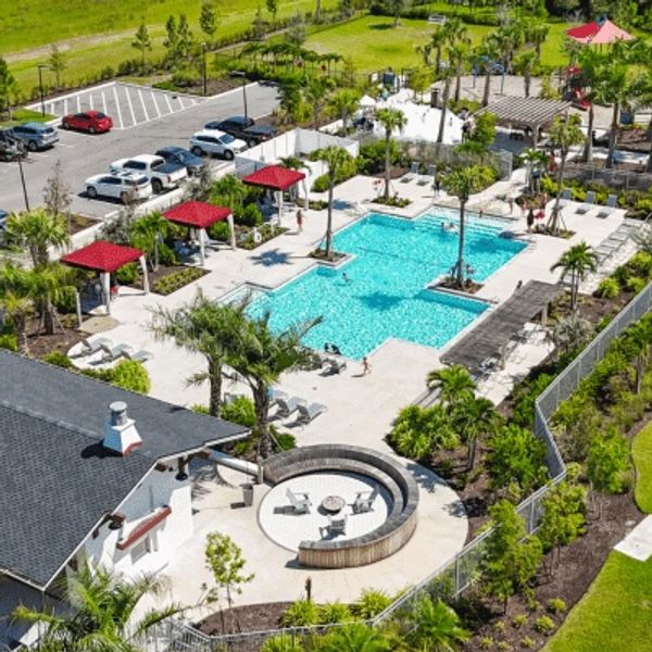 Aerial view of a modern outdoor pool area with palm trees and seating.