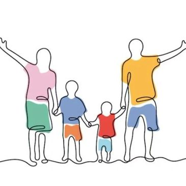 Continuous line drawing of a family of four holding hands.