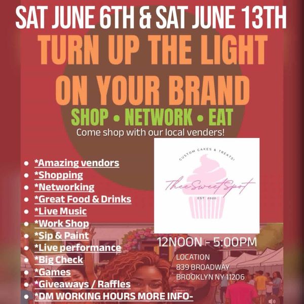 Event flyer promoting local vendors with shopping, networking, food, and live music on June 6th and 13th.