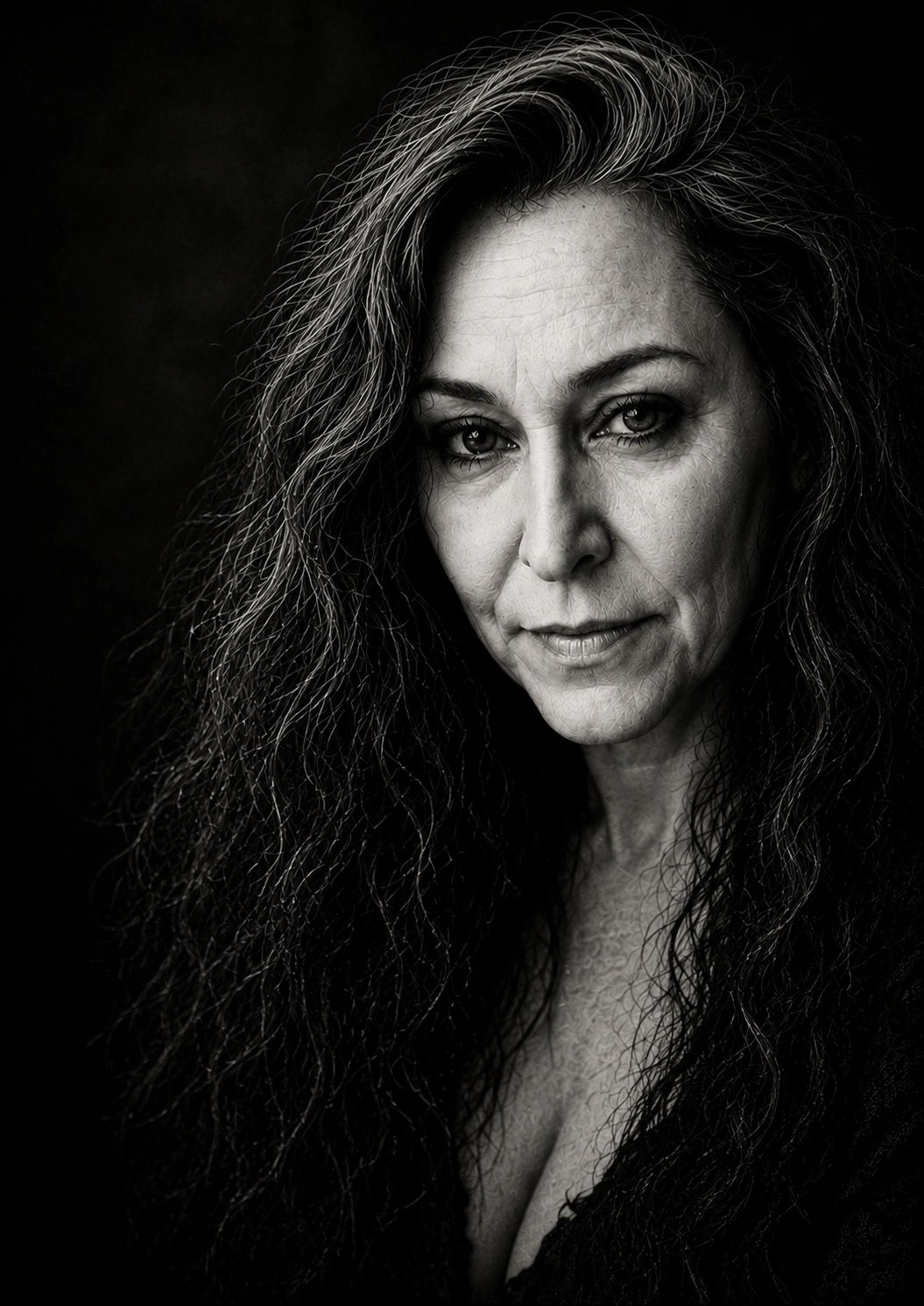 Black and white portrait of a woman with curly hair and a contemplative expression.