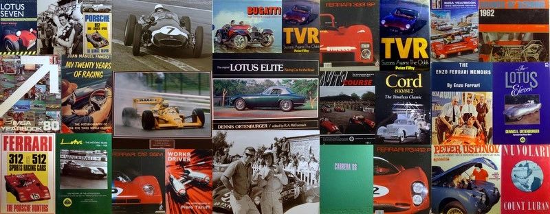 Collage of classic racing and automotive books featuring Ferrari, Porsche, Lotus, Bugatti, and TVR.