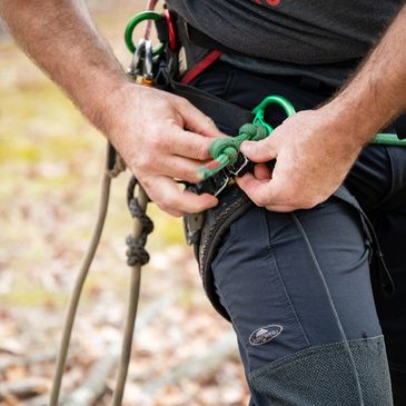Person securing climbing harness with rope and carabiner.