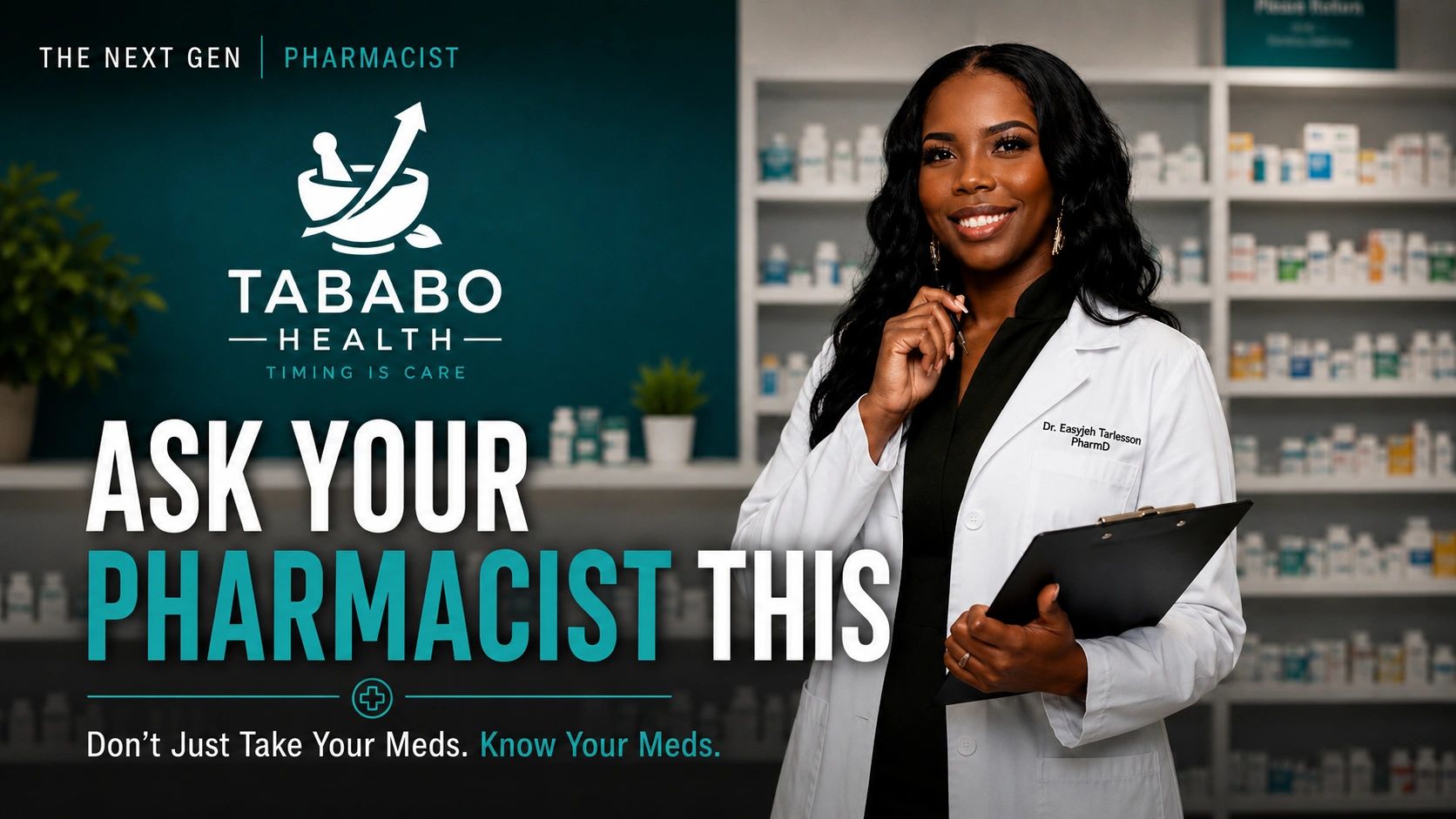 Confident pharmacist in white coat holding clipboard in a pharmacy setting.