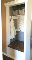 Rustic, DIY, Hall closet remodel, dark walnut, white/grey, hooks baskets hallway, bench with storage