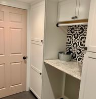 Laundry Room Remodel, Pink Door, Grey slate tile, white cabinets, decorative tile, DIY