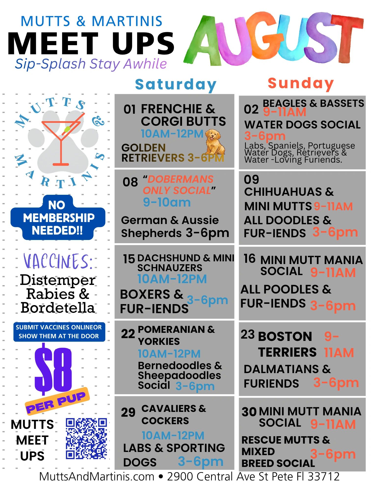 August meetup schedule for dog breeds at Mutts & Martinis, no membership needed.