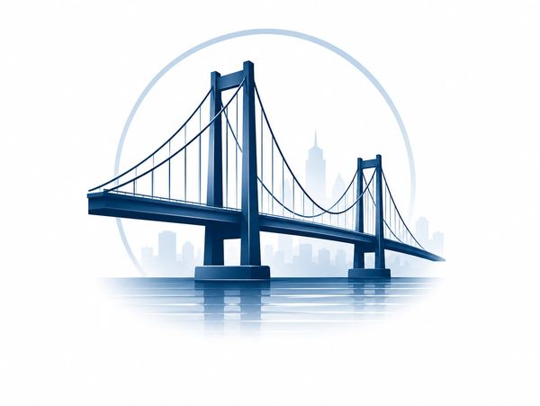 Blue suspension bridge illustration with city skyline.