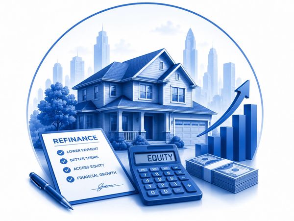 House refinance concept with calculator and financial growth chart.