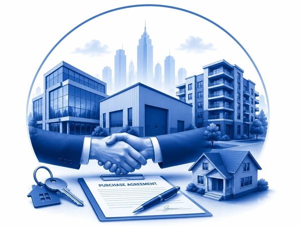 Real estate handshake with purchase agreement and property icons.