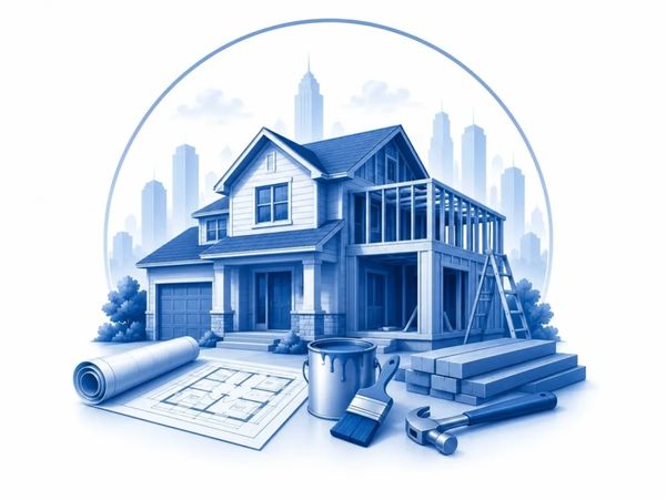 Blueprint and tools around a house under construction.