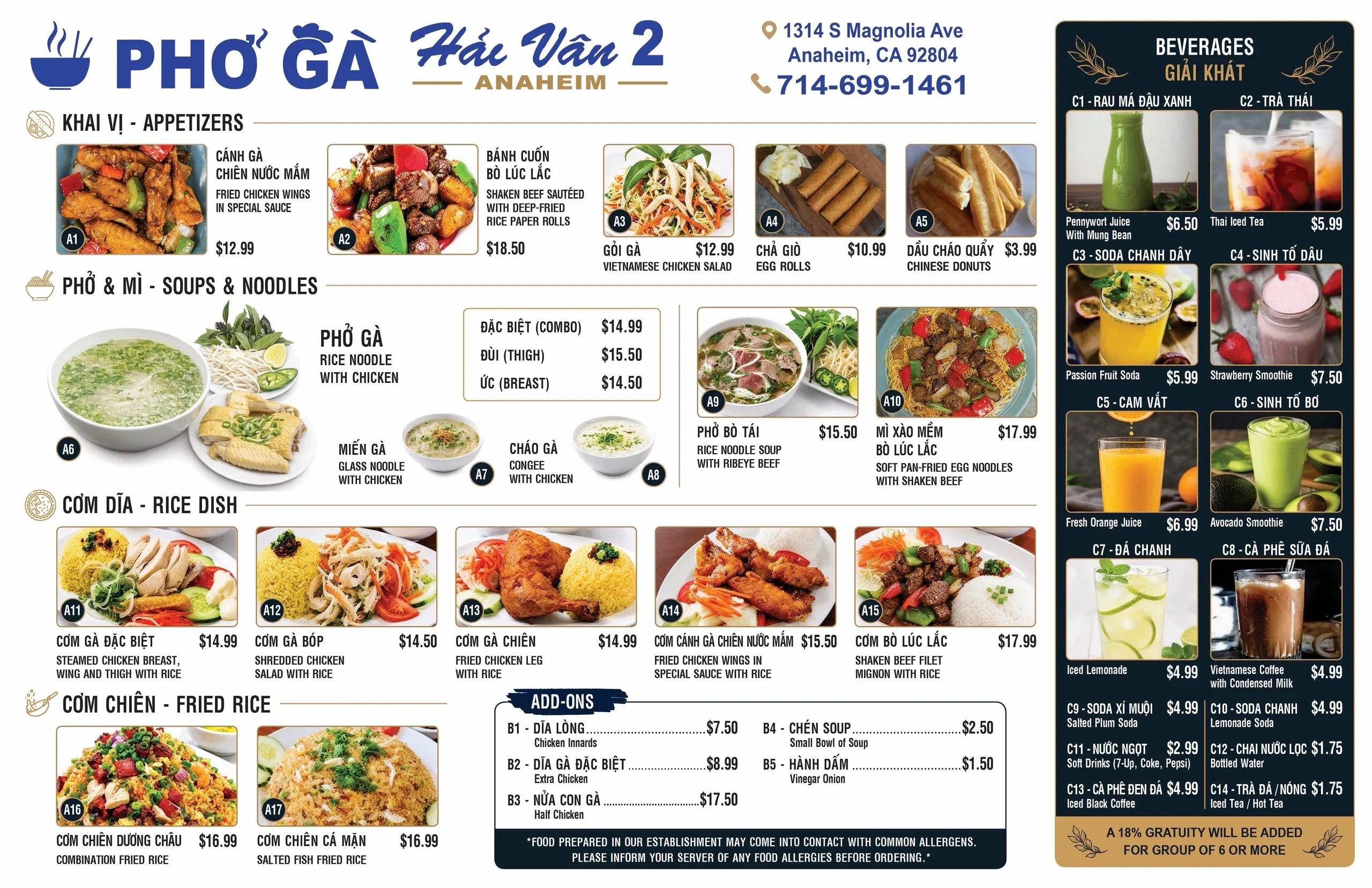 Menu featuring Vietnamese dishes and beverages with prices at Pho Ga Hau Van 2 in Anaheim.