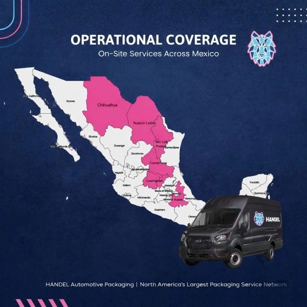 Map showing Handel's operational coverage in select Mexican states with a branded service van.