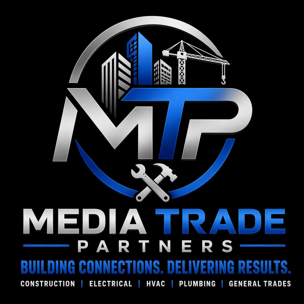 Logo for Media Trade Partners, featuring construction tools and buildings in blue and silver.