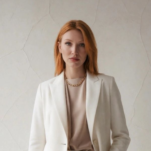 Woman with red hair in white blazer and gold necklace.