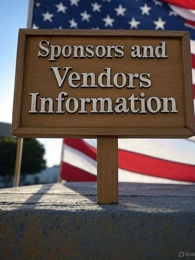 Wooden sign reads 'Sponsors and Vendors Information' with American flags in background.