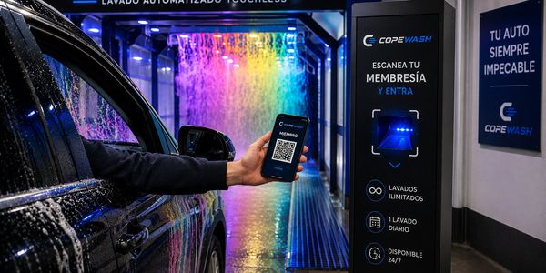 A person scans a QR code on a phone to enter a touchless automatic car wash.