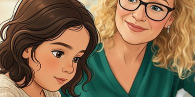 A woman with glasses smiling at a focused young girl.