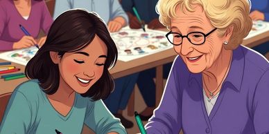 A young woman and an elderly woman happily drawing together.