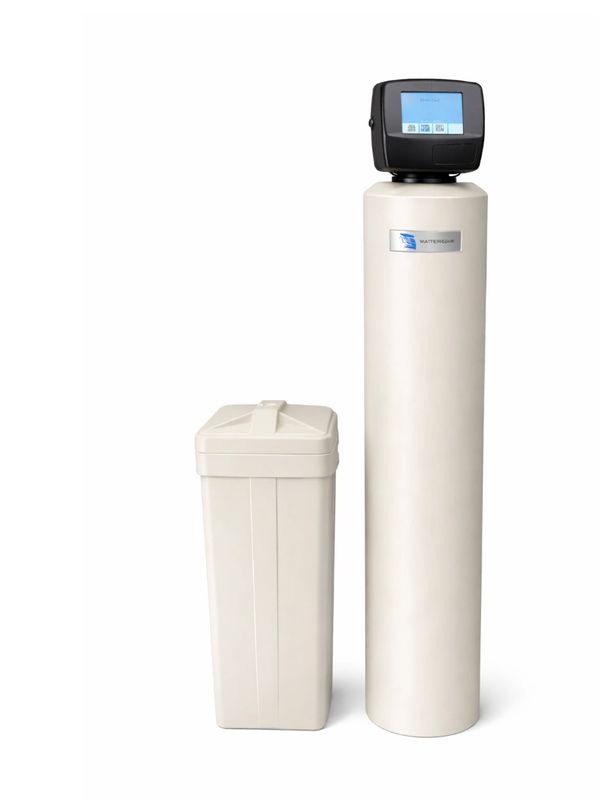 Modern water softener system with digital control panel.
