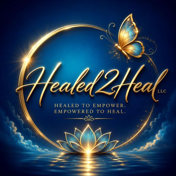 Elegant logo of Healed2Heal with a golden butterfly and lotus on a blue background.