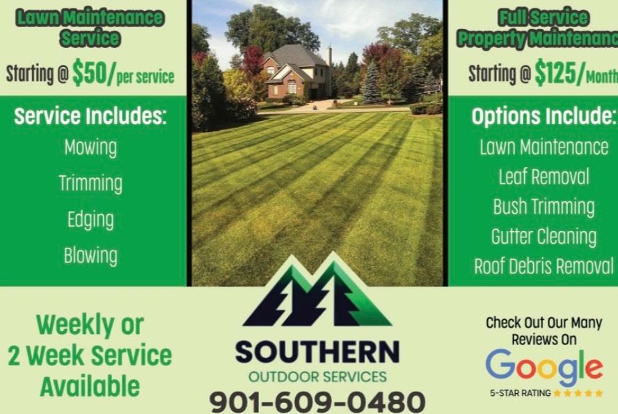 Southern Outdoor Services offers lawn and property maintenance starting at $50 per service.