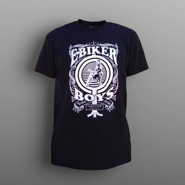 E-Biker Boys. Black 100% cotton t-shirt and graphic mimicking the style of a pinstriped biker patch.