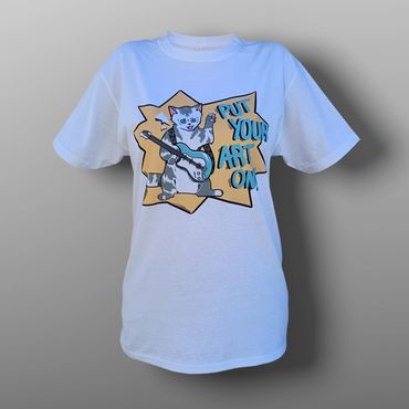 Put Your Art On. White 100% cotton t-shirt with color graphic of a cartoon guitar playing cat.
