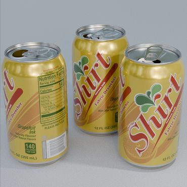 Whimsical render of soft drink cans with a "Shirt" label mimicking a popular soft drink brand.