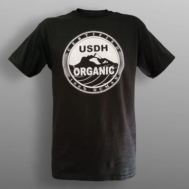 USDH ORGANIC. Black 100% cotton t-shirt with white graphic mimicking the Organic food label.