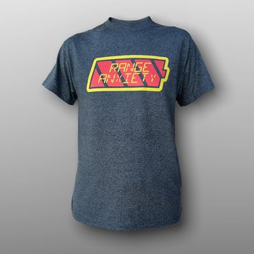 Range Anxiety. Grey cotton blend t-shirt with graphic of empty battery alerting "Range Anxiety".