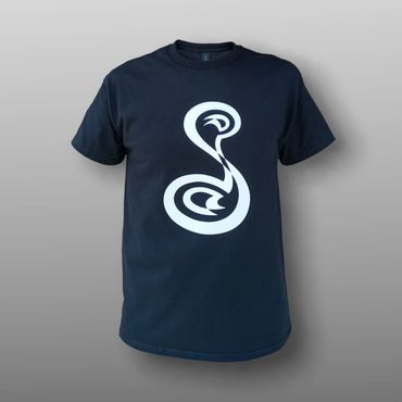 Retort. Black 100% cotton t-shirt with abstract of two chat cloud icons entangled in infinite loop.