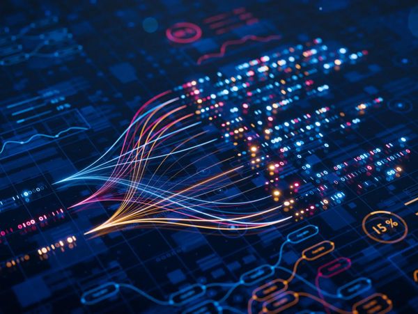 Digital data streams converging into a complex neural network visualization.