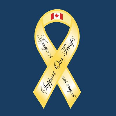 Yellow ribbon with Canadian flag showing support for troops.