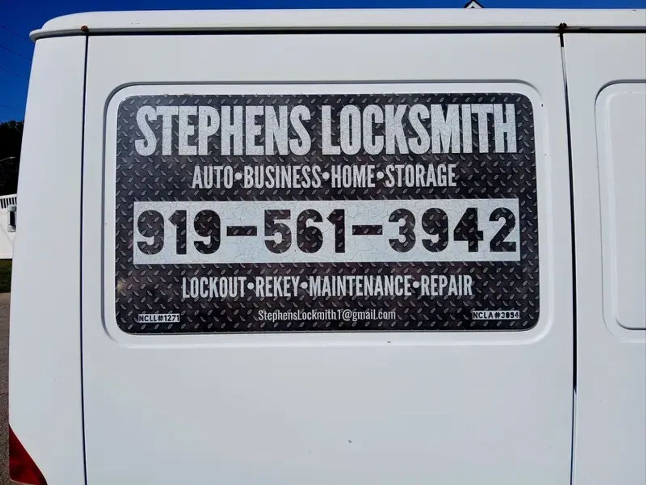 Stephens Locksmith van image with phone # 919-561-3942.