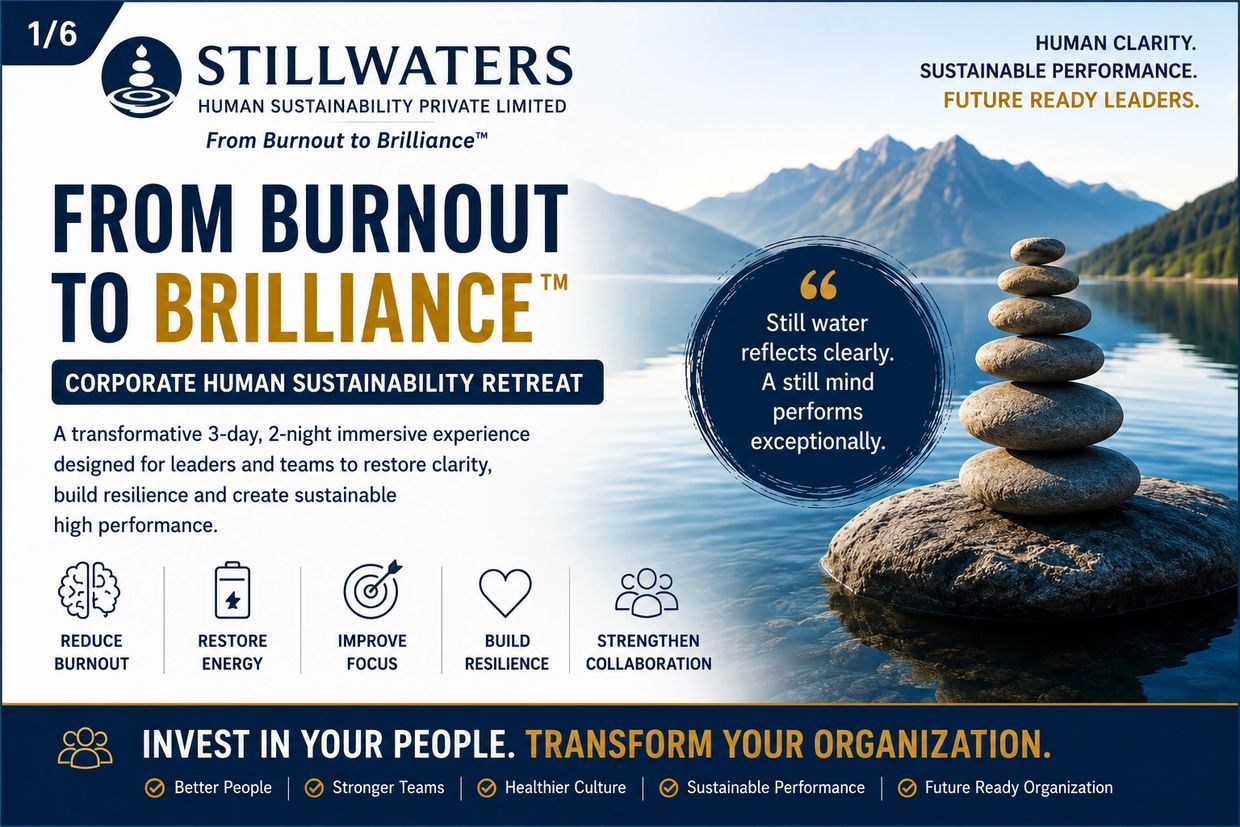 Corporate retreat to reduce burnout and build resilience with a serene lake and stacked stones image.