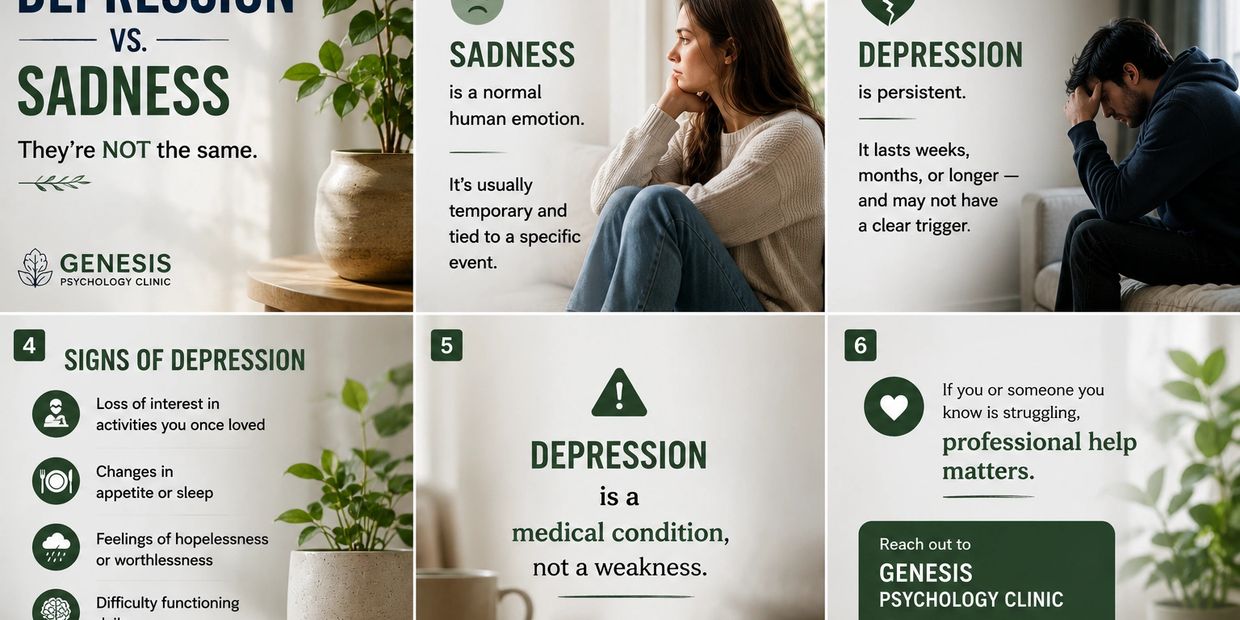 Informative infographic distinguishing depression from sadness with symptoms and professional help details.