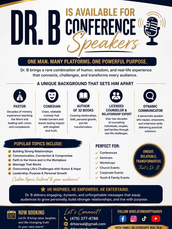 Dr. B available as a conference speaker with diverse expertise.