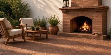 Cozy outdoor fireplace setting with chairs and table.