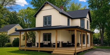 Two-story house with wrap-around porch on a sunny day.
