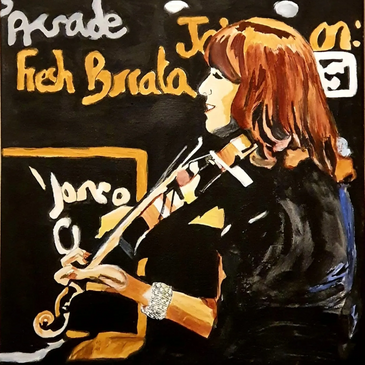 A graphic-style painting of a violinist with red hair in front of a chalk menu board