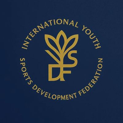 Logo of the International Youth Sports Development Federation in gold on dark blue.