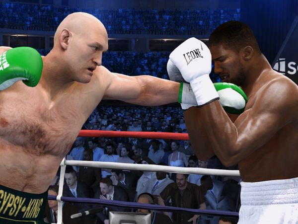 Two boxers in a ring, one delivering a punch while the other defends.