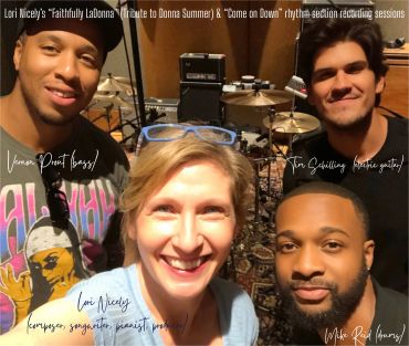 Lori Nicely studio session with Mike Reid drummer, Vernon Prout bass, and Tim Schilling guitar