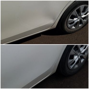 Before-and-after dent repair on lower side panel on a white car.